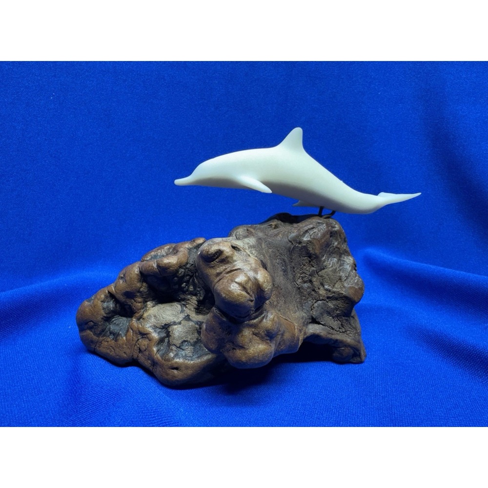John Perry Pair Dolphin Figurines Burlwood Wood Base Sculpture Mother Calf VTG - Picture 3 of 9